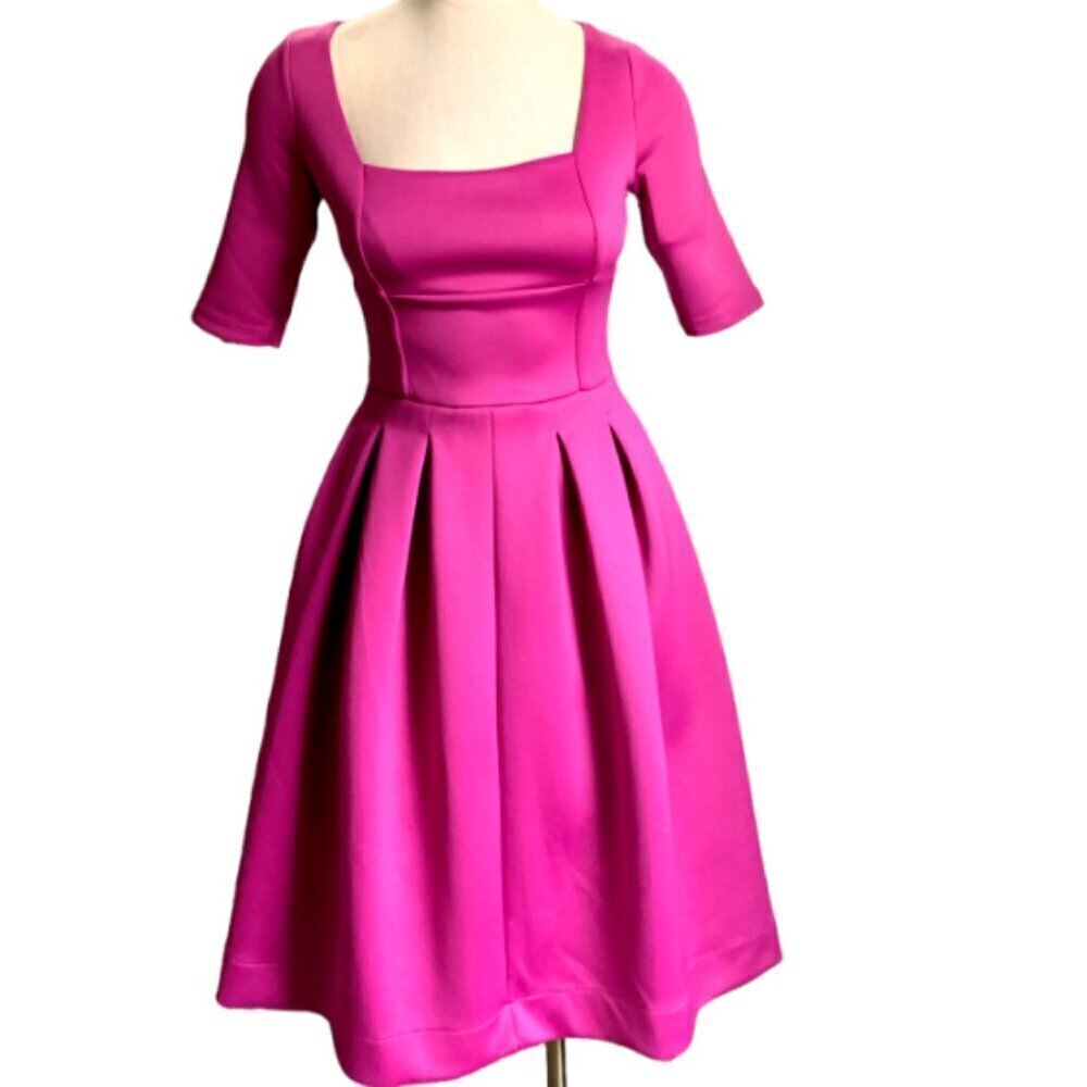 ASOS Square Neck Fit‎ & Flare Satiny Party Dress Sz 4 Fuchsia Pink 67A